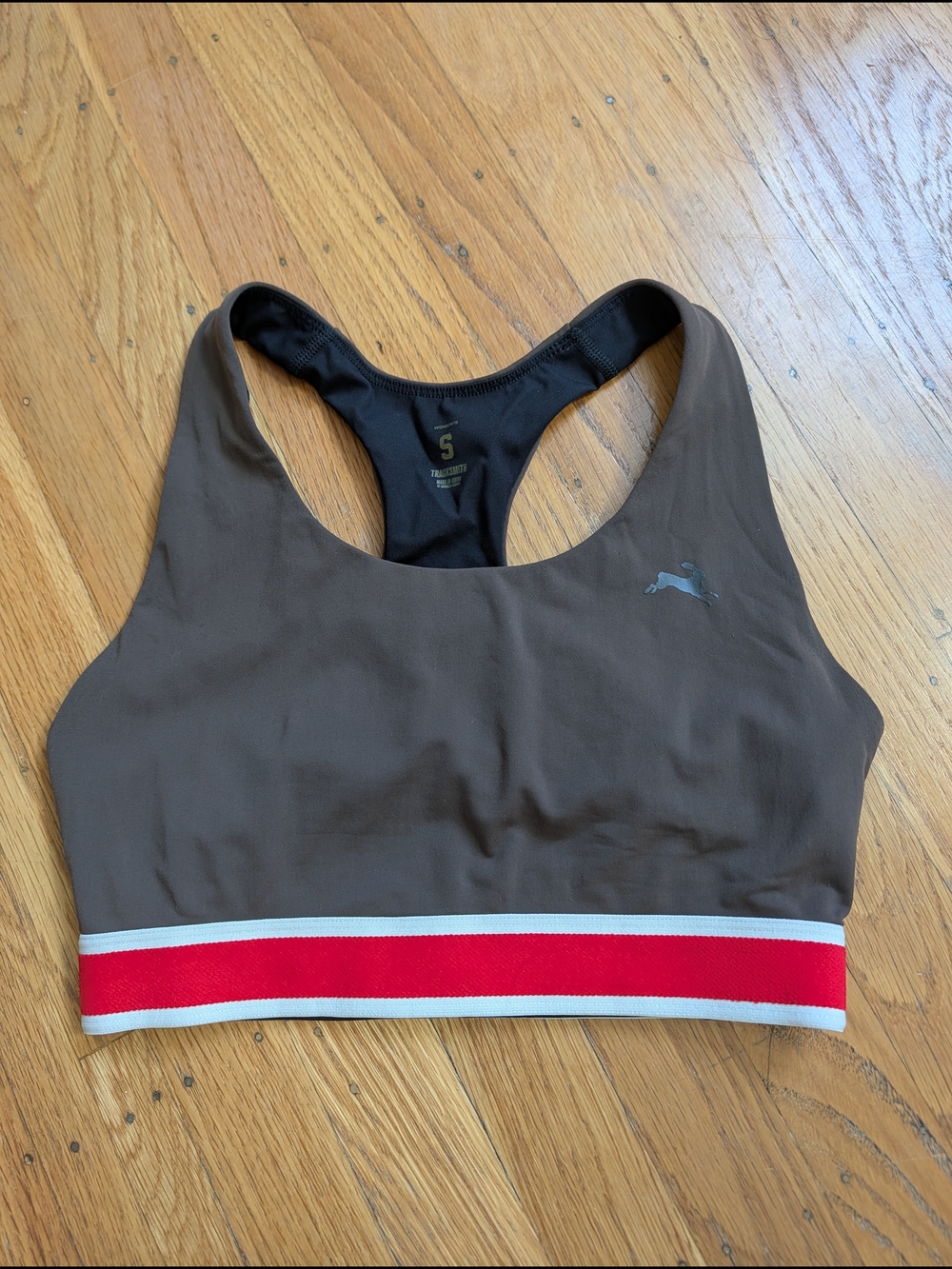 Tracksmith Brown Racerback Sports Bra with Red and White Stripe Band